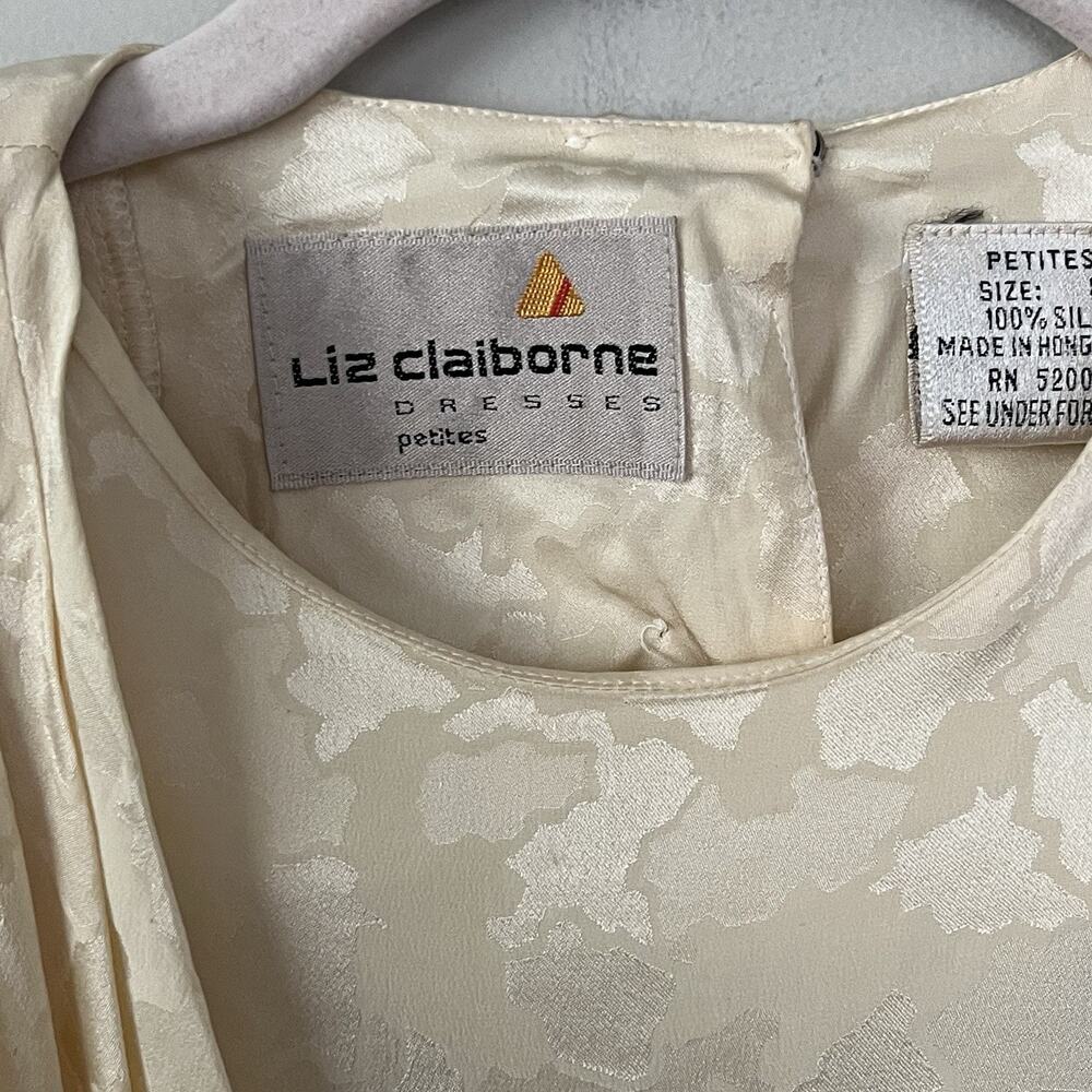 Vintage 80s Liz Claiborne Silk Dress 8 P Pale Yellow Jacquard Floral Faux Wrap - Picture 9 of 16